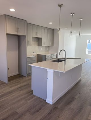 A contemporary kitchen with sleek gray cabinetry, a spacious quartz island, and stylish pendant lighting.