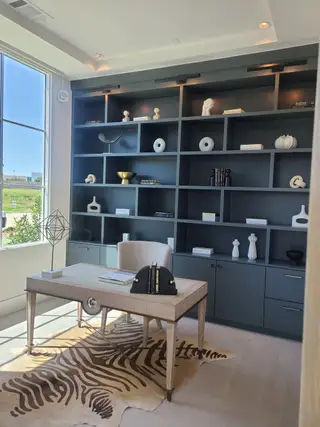 A sophisticated home office featuring built-in dark shelving, a sleek desk, and a zebra-patterned rug.