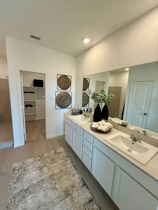 Elegant bathroom with dual sinks, stylish decor, and a spacious design, complete with an integrated walk-in closet.