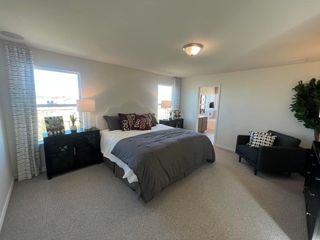 A spacious bedroom in a Medina Crossing home, featuring a plush bed with gray and purple accents, dark wood furniture, a comfortable armchair, and large windows (Von Ormy, TX).
