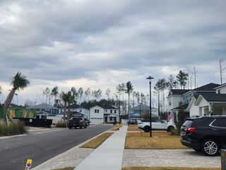 Charming neighborhood street lined with modern homes and well-kept lawns in Hawthorn Park at Wildlight by Pulte Homes (Wildlight, FL).