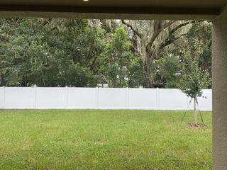 A lush green backyard with a white privacy fence and mature trees in Lanier Acres by William Ryan Homes (Zephyrhills, FL).