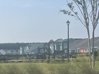Charming community with pastel homes and a playground in Homecoming by True Homes (Ravenel, SC).