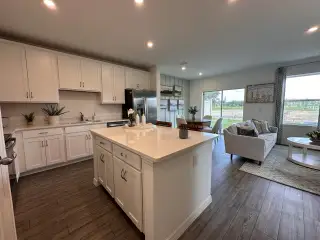Open-concept kitchen and living area with sleek white cabinetry, hardwood floors, and ample natural light.