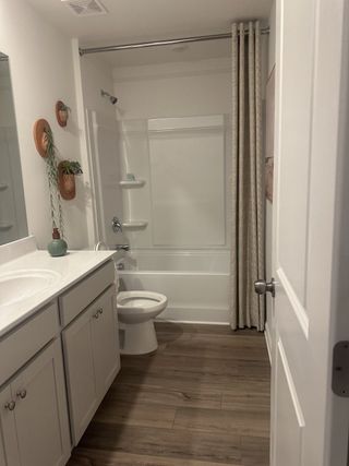 A cozy bathroom featuring a sleek white vanity, elegant hardwood floors, and charming wall planters for a natural touch.