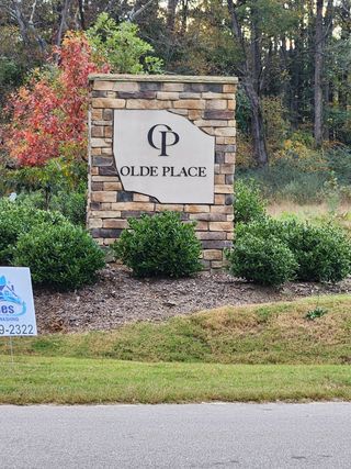 Street view A welcoming stone entrance sign for Olde Place by RiverWILD Homes, nestled in the greenery of Zebulon, NC.
