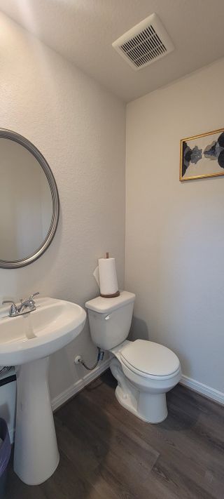A modern bathroom featuring a pedestal sink, toilet, and elegant wood flooring, enhanced by simple decor.
