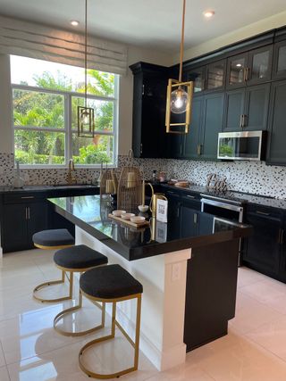 A modern kitchen with dark cabinetry, sleek black countertops, pendant lighting, and tropical views through large windows.