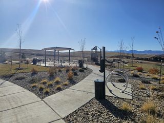 Community Amenities A scenic park with a playground and pergola in Sunset Village: The Grand Collection by Lennar (Erie, CO).