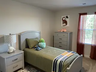 A cozy bedroom with a gray bed, dinosaur-themed decor, and bright natural light from a window with sheer curtains.