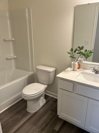 A cozy bathroom with wood-look flooring, white vanity, and a bathtub, adorned with simple greenery accents.