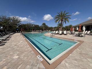 Community Amenities A resort-style pool with lounge chairs, palm trees, and a splash fountain in Kindred by D.R. Horton (Kissimmee, FL).