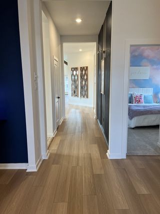 Model Home A modern hallway featuring sleek wood floors, bold navy accents, and contemporary wall art.