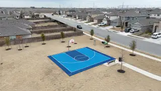 A vibrant blue half-court basketball setup surrounded by open space for recreational fun.