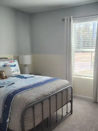 A cozy bedroom with soft carpeting, a decorative accent wall, and natural light in Copes Landing by D.R. Horton (Jacksonville, FL).