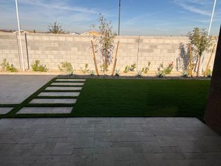 A tranquil backyard with stone pavers, green lawn, and a landscaped border featuring young trees and shrubs.