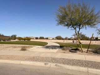 A serene desert landscape with a curved walkway in West Santa Rosa Springs by K. Hovnanian® Homes (Maricopa, AZ).