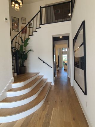 A modern entryway with wooden stairs, black railings, and contemporary decor.
