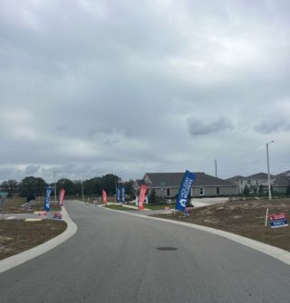 Street view A charming neighborhood street with new homes in Eden Hills by Holiday Builders (Lake Alfred, FL).
