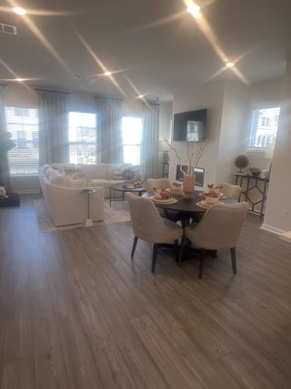 A cozy open-plan living and dining area with elegant wood floors, plush seating, and abundant natural light.