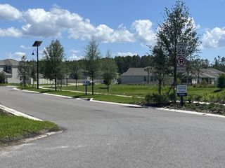 A tranquil neighborhood street in Deerbrook by D.R. Horton, featuring well-maintained homes and lush greenery in Land O' Lakes, FL.