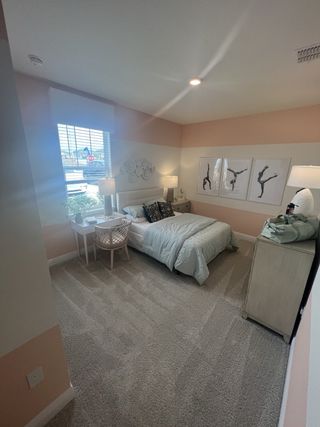 Model Home A cozy bedroom featuring soft pink accents, plush carpeting, and elegant wall art, creating a serene retreat.