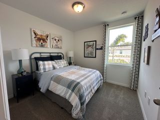 Model Home A cozy bedroom with playful animal art, geometric curtains, and a plaid-patterned bedspread, creating a charming ambiance.