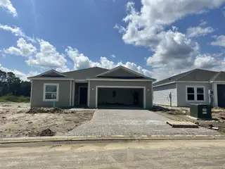 Street view A modern gray home with a paved driveway in Coopers Meadow by Taylor Morrison (Jacksonville, FL).