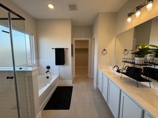 Model Home A modern bathroom with a sleek tub, glass shower, dual vanity, and elegant black fixtures.