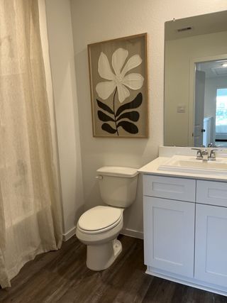 A modern bathroom with sleek wood flooring, a white vanity, and floral artwork adding a touch of elegance.