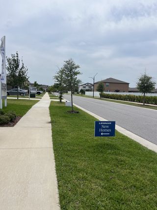 Street view Charming neighborhood street view in South Creek: The Executives by Lennar, featuring lush lawns and sidewalks in Riverview, FL.