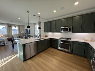 A modern kitchen with dark green cabinets, stainless steel appliances, and open concept to a cozy living area with natural light.