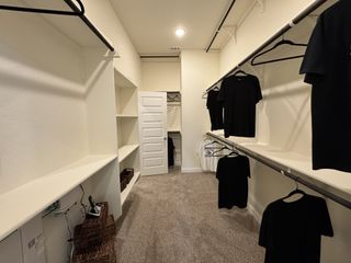 A spacious walk-in closet with ample shelving and hanging space, featuring a neutral color palette and plush carpeting.