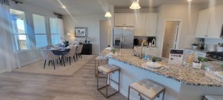A spacious open-concept kitchen and dining area with a granite island, elegant decor, and ample natural light.