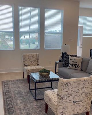 Model Home A cozy living room with scripted chairs, a gray sofa, decorative pillows, and a patterned rug under large windows.