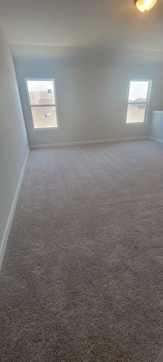 A spacious carpeted room with two windows, neutral walls, and a ceiling light, perfect for versatile use.