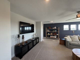 Spacious living area with a sleek wall-mounted TV, modern decor, navy accent wall, and plush carpeting.