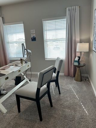 A bright home office with soft carpeting, natural light, and a minimalist design for productivity and comfort.