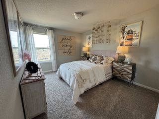 Model Home Cozy bedroom with boho decor, plush carpeting, large window, and soft lighting. Relaxing atmosphere with artistic touches.