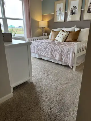 A cozy bedroom with plush carpeting, a daybed adorned with pillows, soft lighting, and serene wall art.