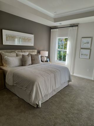 A cozy bedroom with a plush, carpeted floor, elegant bedding, soft lighting, and sheer curtains framing a bright window.