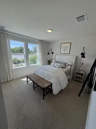 A cozy bedroom with plush carpet, neutral decor, large windows, and a stylish bed.