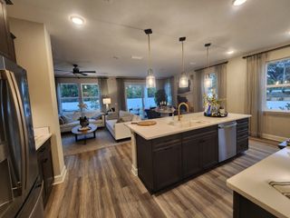 A modern open-concept kitchen and living area with wood floors, pendant lighting, and comfortable seating.