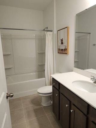 A cozy bathroom featuring a white bathtub with a shower curtain, wooden vanity, modern fixtures, and decorative artwork.