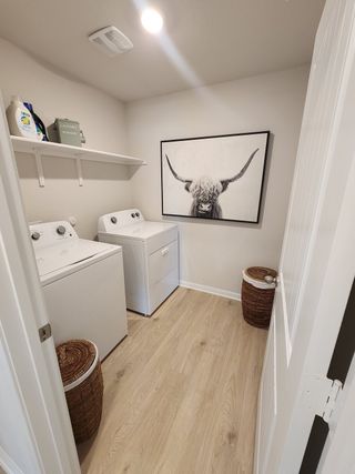 A functional laundry room with stylish shelving, modern appliances, and a farmhouse-inspired print.