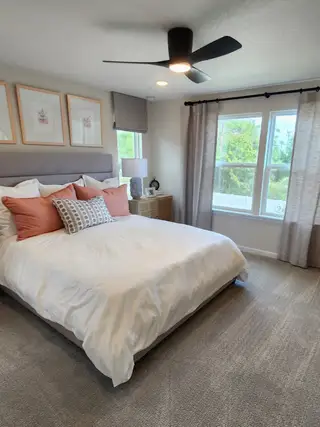 A cozy bedroom with plush bedding, modern ceiling fan, and large windows offering ample natural light.
