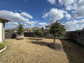 A well-maintained backyard with lush greenery, young trees, and plenty of space for outdoor activities.