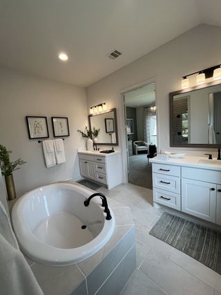 A sleek bathroom with a spacious tub, dual vanities, elegant lighting, and tasteful decor elements for a serene retreat.
