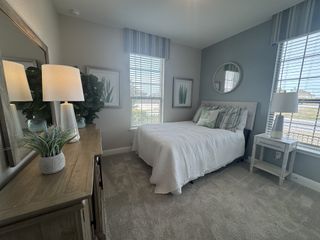 A serene bedroom with a plush gray carpet, a full-size bed with patterned pillows, and soft blue accent walls, creating a calming space.