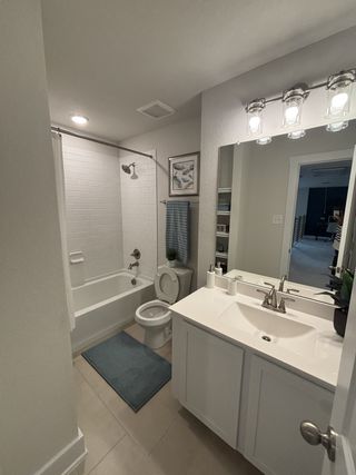 Model Home A modern bathroom featuring a sleek vanity, soft lighting, and elegant decor with a framed picture and a fresh blue mat.